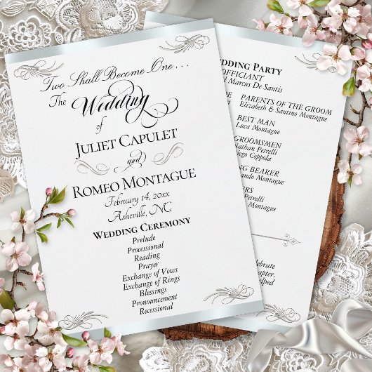 Elegant Script - Witte Parel/Zilveren Bruiloft Programma