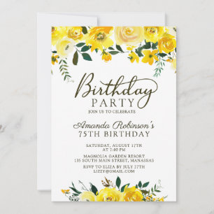 Elegant Script Yellow Rose Floral 75e verjaardag Kaart