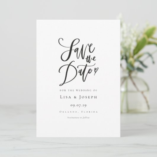 Elegant Script Zwart en Wit Save the Date (Staand voorkant)