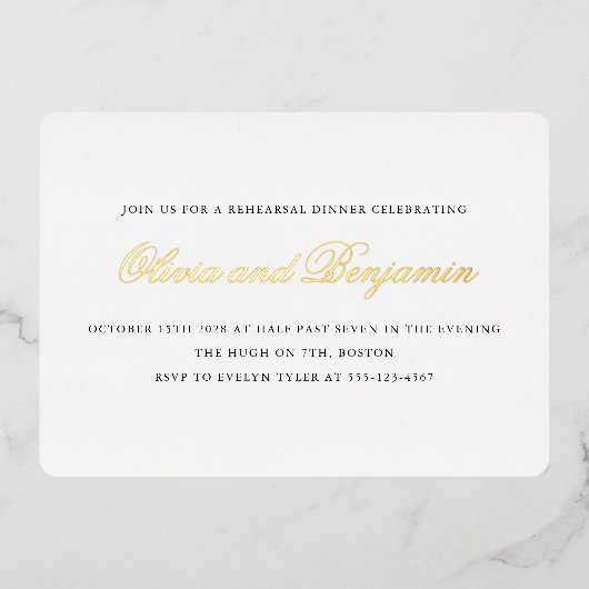 Elegant Script Zwart Formeel Repetitie Diner Goud Folie Uitnodiging (Voorkant)