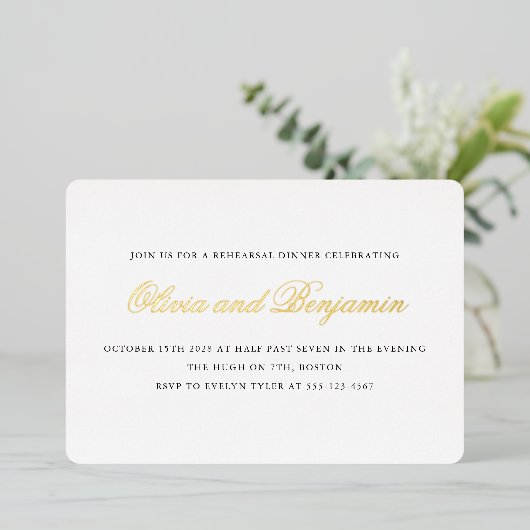 Elegant Script Zwart Formeel Repetitie Diner Goud Folie Uitnodiging (Staand Voorkant)