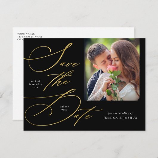 Elegant Script Zwart & Goud Foto Sla de datum op Briefkaart (Voorkant / Achterkant)