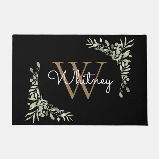Elegant Script Zwart Goud Monogram groen Deurmat (Voorkant)