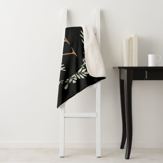Elegant Script Zwart Goud Monogram groen Sherpa Deken (In situ)