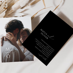 Elegant script   Zwart monogram Fotobruiloft Kaart