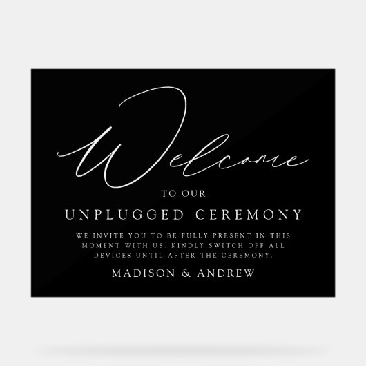 Elegant Script Zwart Unplugged Ceremony Bruiloft Acryl Bord (Voorkant)