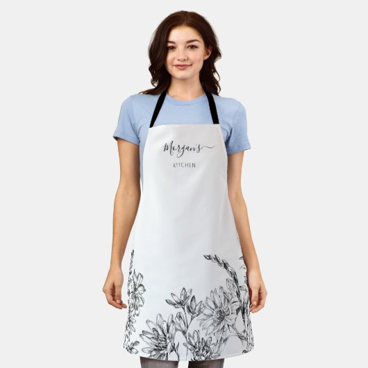 Elegant Script Zwart Wit Bloemrijke Wijn Schort (Gedragen)