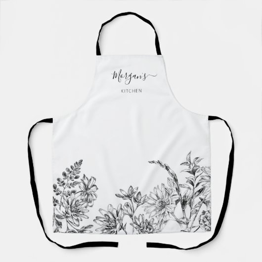Elegant Script Zwart Wit Bloemrijke Wijn Schort (Voorkant)