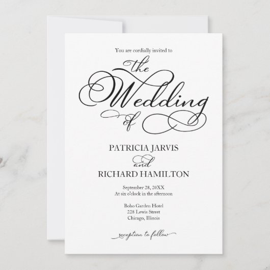 Elegant script zwart-wit bruiloft kaart (Voorkant)