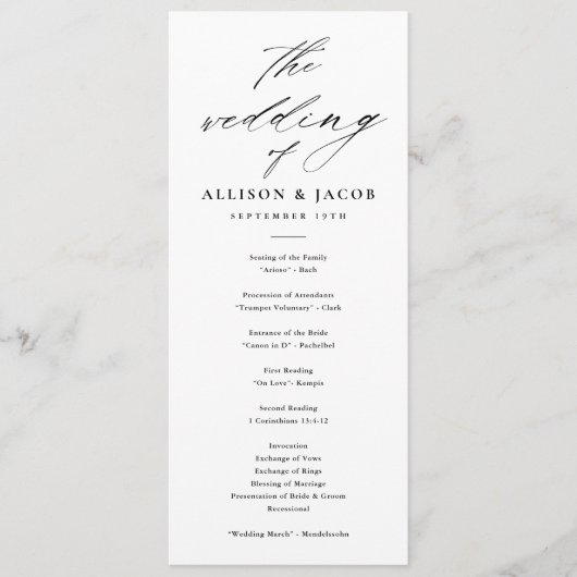 Elegant Script zwart-wit bruiloft programma's (Voorkant)