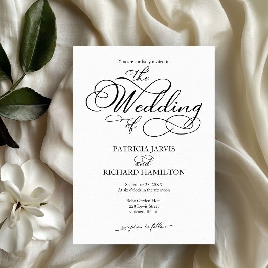Elegant script zwart-wit bruiloft QR Kaart