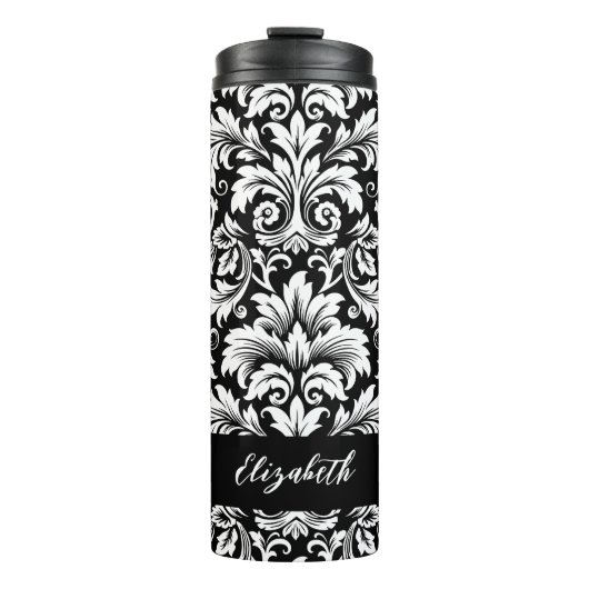 Elegant Script Zwart Wit Damaskpatroon Thermosbeker (Voorkant)