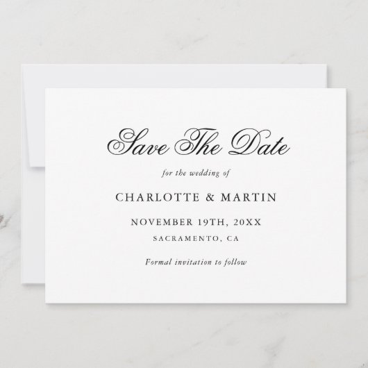 Elegant Script zwart-wit minimalistische bruiloft Save The Date (Voorkant)