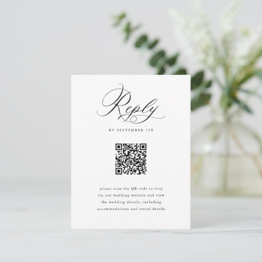 Elegant Script Zwart-wit QR Code Bruiloft RSVP Kaartje (Staand voorkant)
