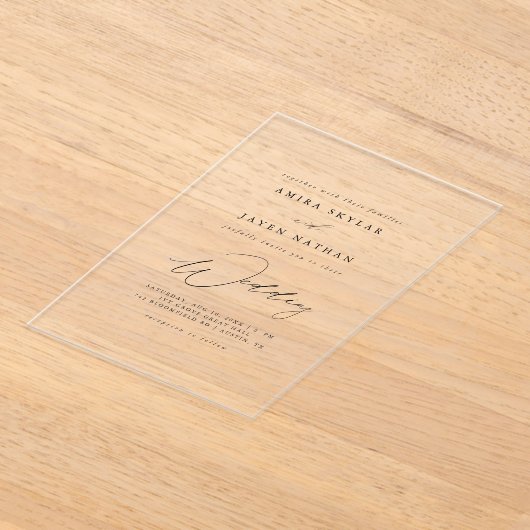 Elegant script zwarte boho minimalistische bruilof acryl uitnodigingen (Laagn)