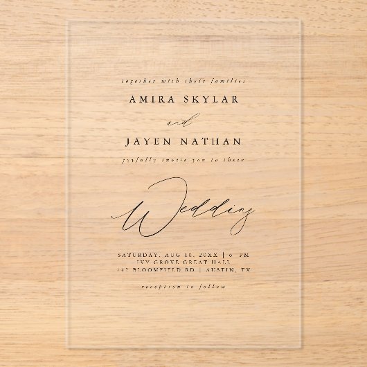 Elegant script zwarte boho minimalistische bruilof acryl uitnodigingen (Voorkant)