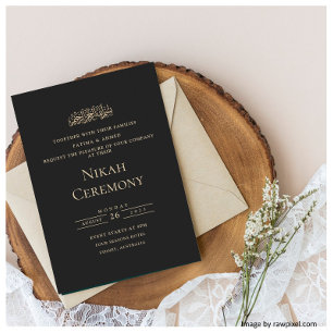 Elegant Script Zwarte Gouden Moslim Nikah Ceremoni Kaart
