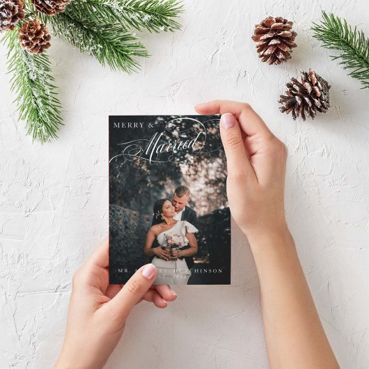 Elegant scriptfoto 'Merry & Married' Feestdagenkaart