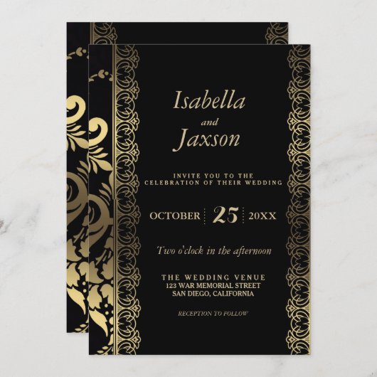 Elegant Scroll Black en Gold Kaart (Voorkant / Achterkant)