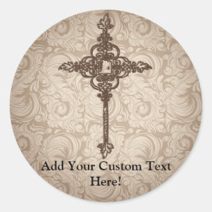 Elegant Scroll Christelijk Kruis met wervelkolom A Ronde Sticker