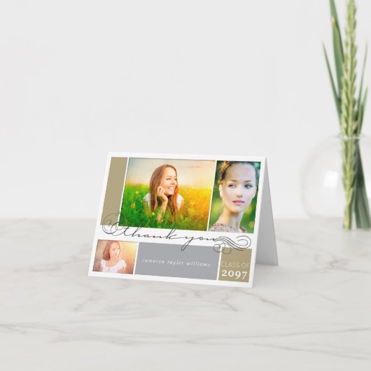 Elegant Scroll Script Afstuderen 3 Multi Photo Bedankkaart (Voorkant)