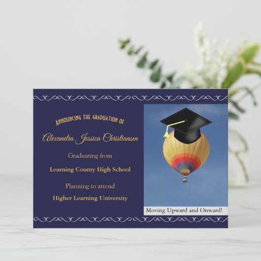 Elegant Scroll Script Hot Air Balloon Afstuderen Aankondiging (Staand voorkant)