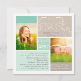 Elegant Scrolls Mint Two Photo Graduparty Kaart