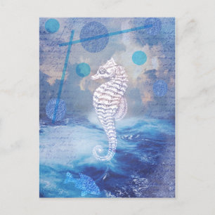 Elegant  Seahorse Blue Ocean Waves Feestdagenkaart