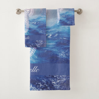 Elegant Seahorse Blue Ocean Waves Name Bad Handdoek