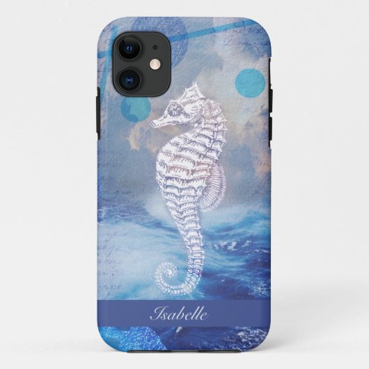 Elegant Seahorse Blue Ocean Waves Name Case-Mate iPhone Case (Achterkant)