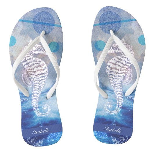 Elegant Seahorse Blue Ocean Waves Name Teenslippers (Voetbed)