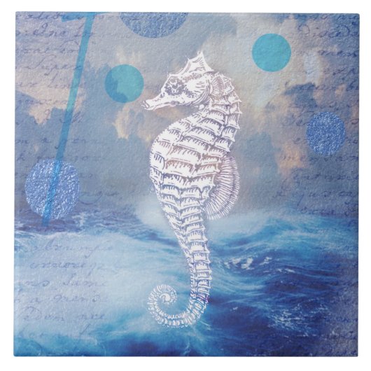 Elegant  Seahorse Blue Ocean Waves Tegeltje (Voorkant)