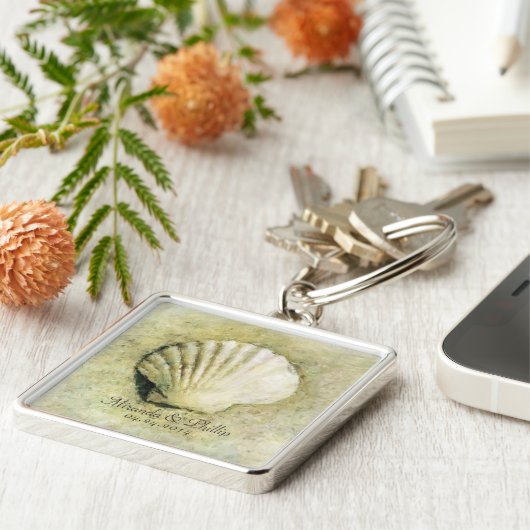 Elegant Seashell Beach Wedding Keepslag Sleutelhanger (Zijkant)