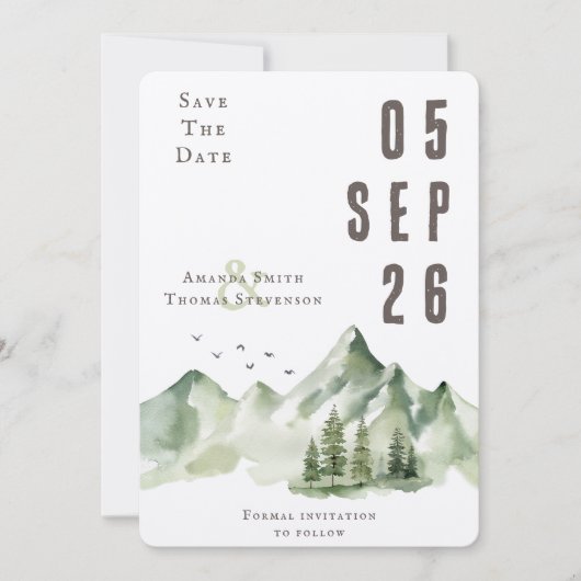 Elegant sereen groen berglandschap save the date (Voorkant)