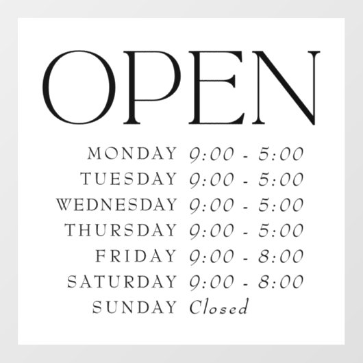 Elegant Serif Retail Open Sign Store Uren Raamsticker (Vel)
