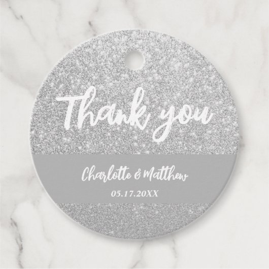 Elegant Shiny Silver Glitter Wedding Favor Labels (Voorkant)