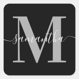Elegant Signature Grey Modern Monogram Black Vierkante Sticker