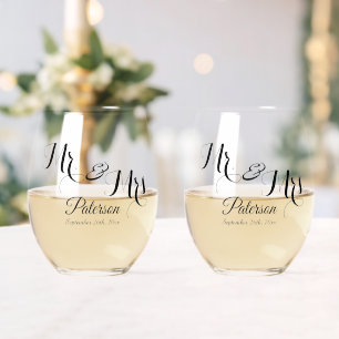 Elegant Signature Script Bruiloft Monogram Bril Wijnglas Zonder Voet