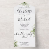 Elegant Signature Script Greenery Leaves Wedding All In One Uitnodiging (Binnen)