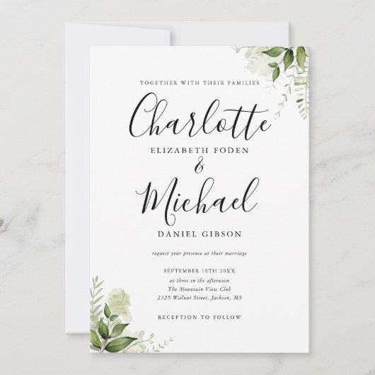 Elegant Signature Script Greenery Photo Wedding Kaart (Voorkant)