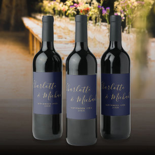 Elegant Signature Script Navy Blue Gold Bruiloft Wijn Etiket