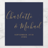 Elegant Signature Script Navy Blue Gold Bruiloft Wijn Etiket (Enkel label)