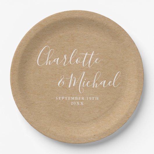Elegant Signature Script Rustieke Kraft bruiloft Papieren Bordje (Voorkant)