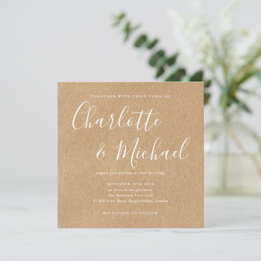 Elegant Signature Script Wedding Rustic Kraft Kaart (Staand voorkant)