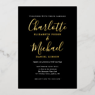 Elegant Signature Script Weduwen Black en Gold Folie Uitnodiging
