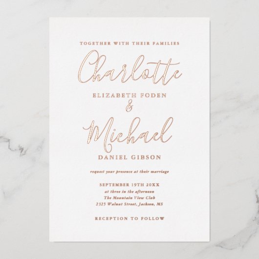 Elegant Signature Script Weduwend Roos Gold Foil i Folie Uitnodiging (Voorkant)