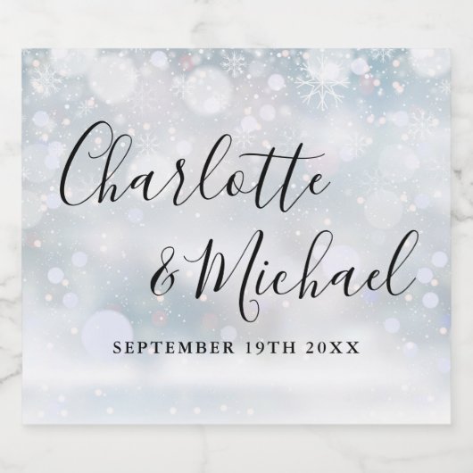 Elegant Signature Script Winter Snowflakes Bruilof Sparkling Wijnetiket (Enkel label)