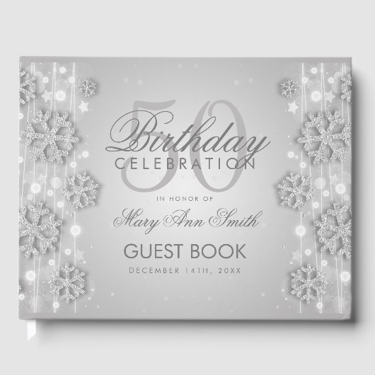 Elegant Silver 50th Birthday Winter Glitter Gastenboek (Voorkant)