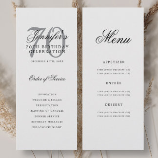 Elégant Silver 70th Birthday Programme Menu