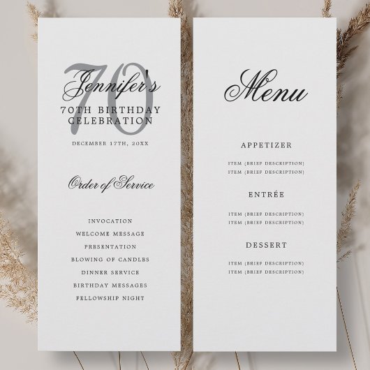 Elégant Silver 70th Birthday Programme Menu